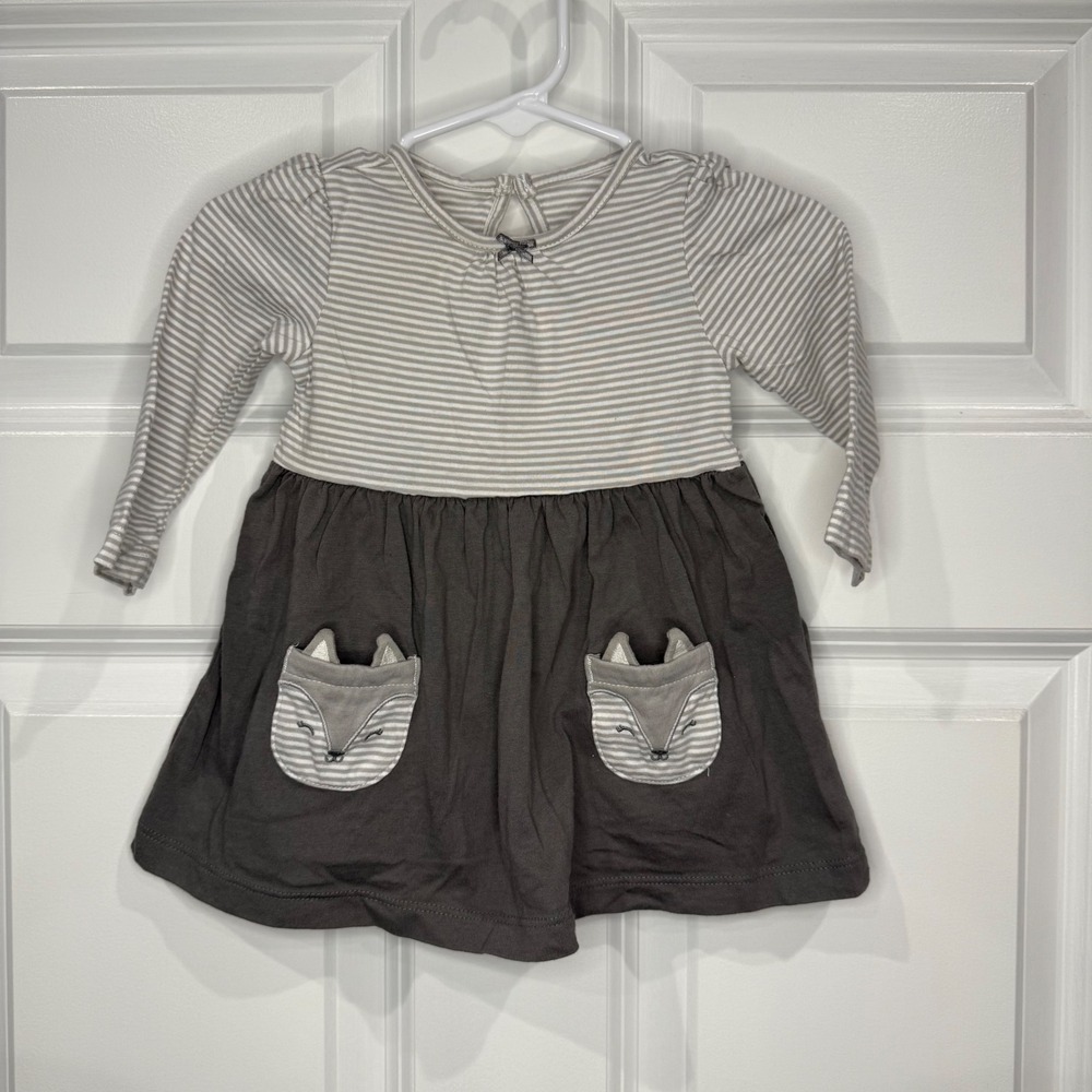 Carters Baby Girls Size 6 Months Long Sleeve Dress Fox Pocket Striped Gray White